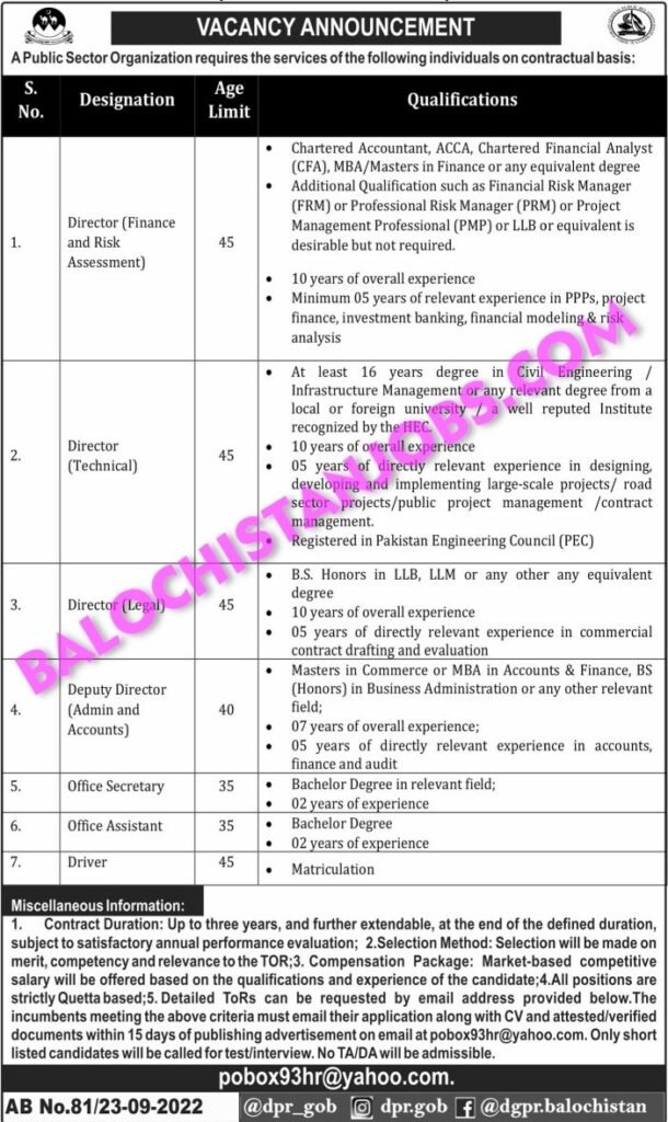 Jobs In Public Sector Organization Balochistan 2022