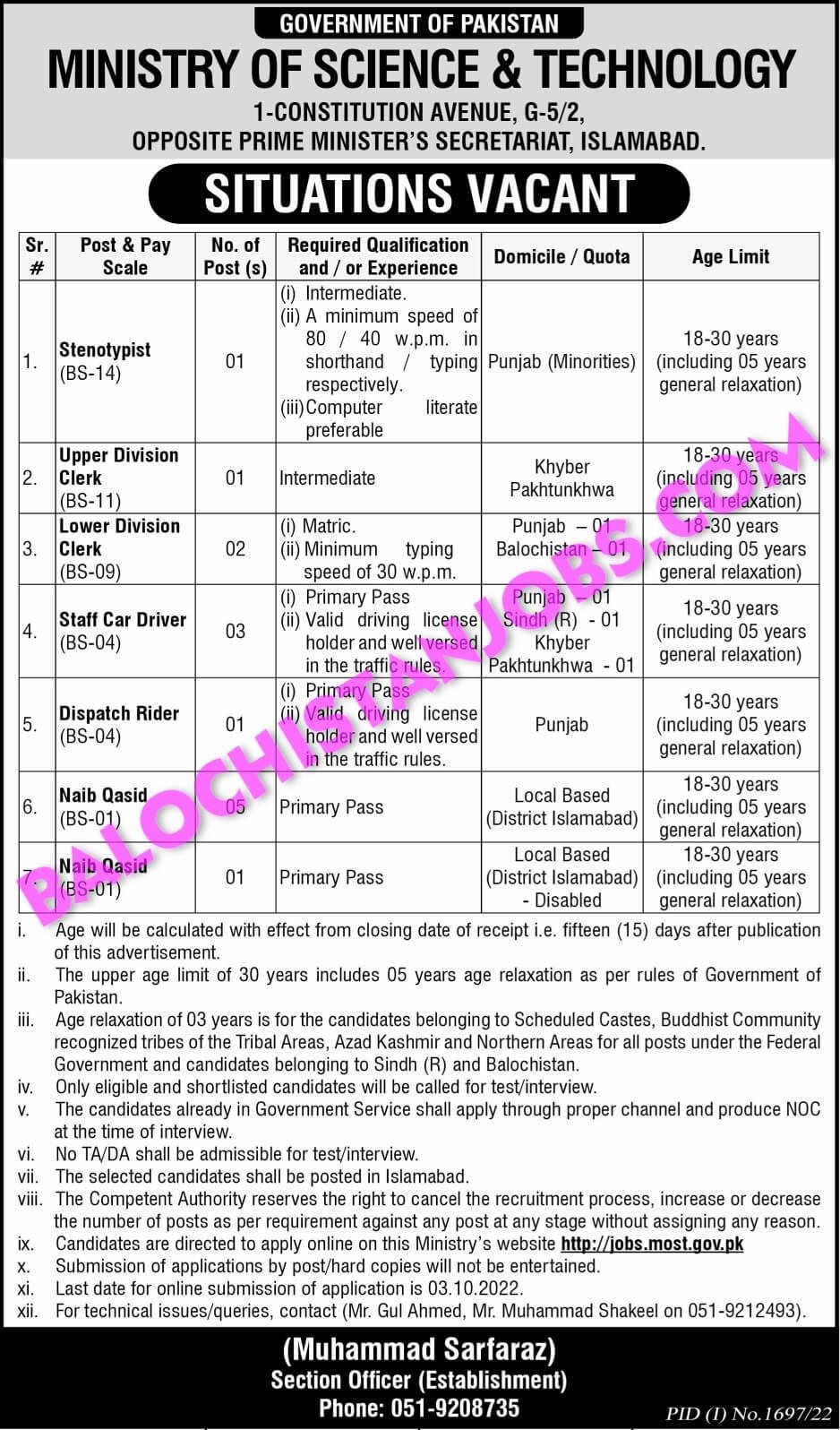 Ministry of Science and Technology Balochistan Jobs 2022