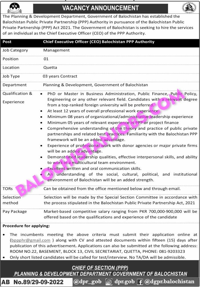 Planning and Development Department balochistan Jobs 2022