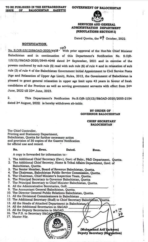 Balochistan Government Age Relaxation Notification 2022