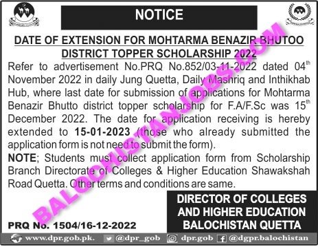 Benazir Bhutto Shaheed District Toppers Scholarship 2022