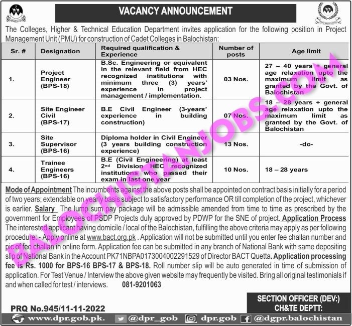Colleges Higher and Technical Education Department Balochistan Jobs 2022
