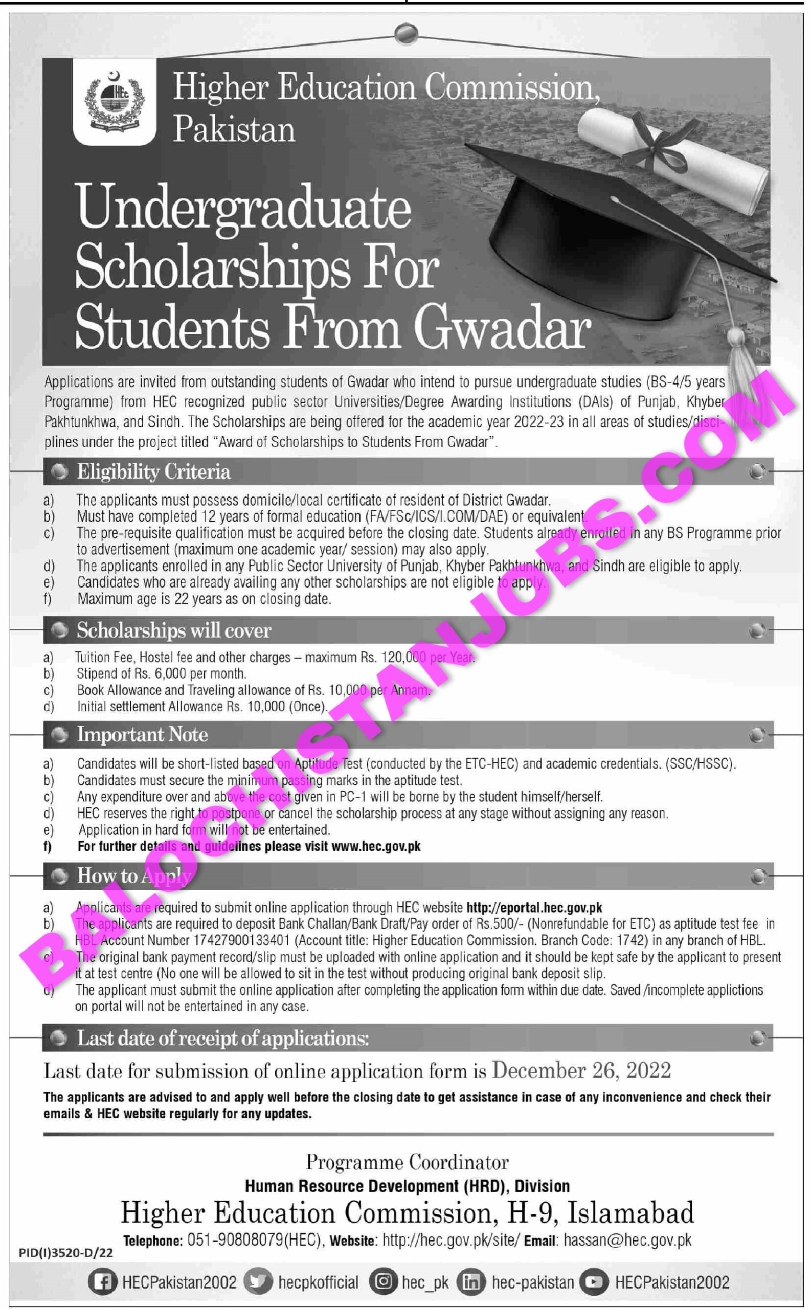 HEC Undergraduate Scholarship For Gwadar 2022