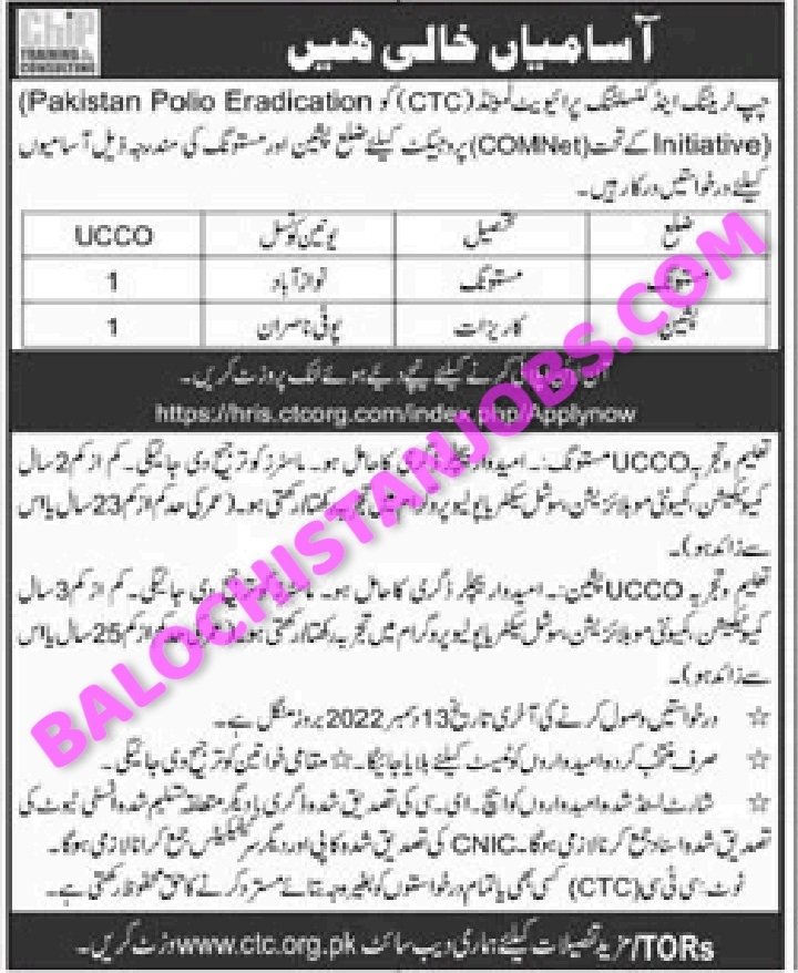 CTC Balochistan Pishin Mastung Jobs 2022 