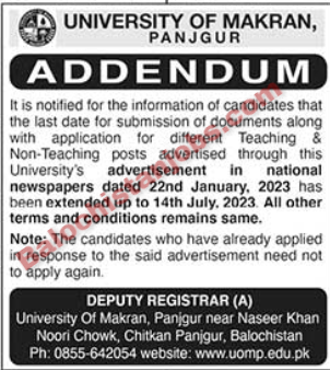 University of Makran Panjgur Jobs 2023