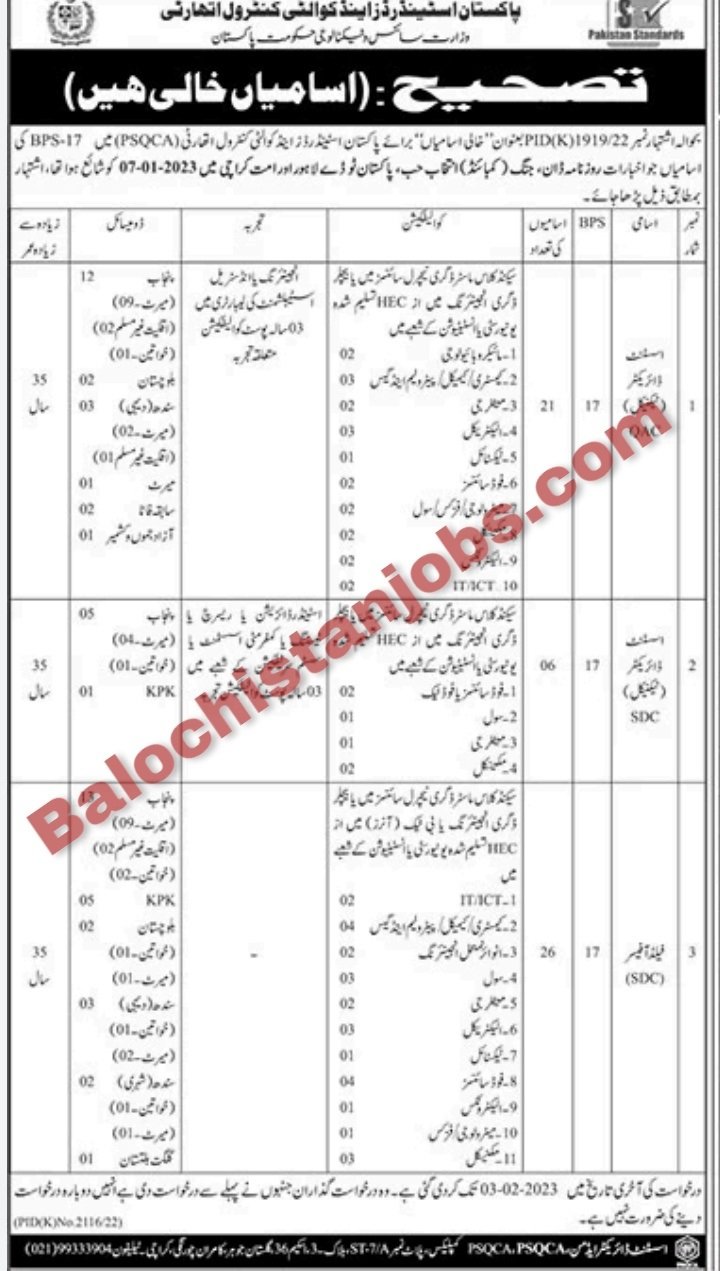 Pakistan Standards and Quality Control Authority PSQCA Balochistan Quota Jobs 2023