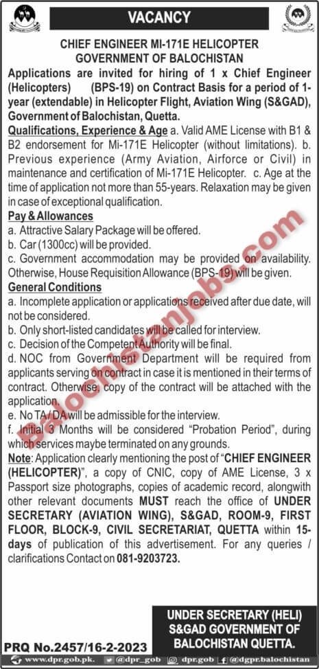 Chief Engineer Helicopter S&GAD Balochistan jobs 2023
