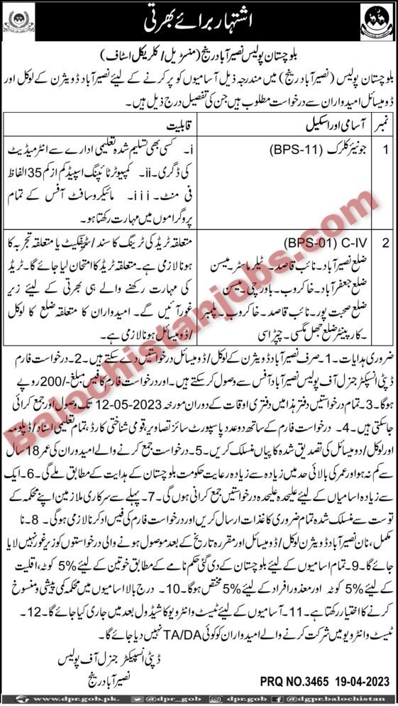 Balochistan Police Naseerabad Jobs 2023