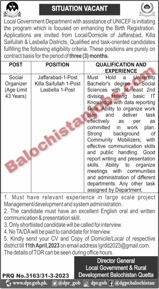 Local Government Department Balochistan Jobs 2023