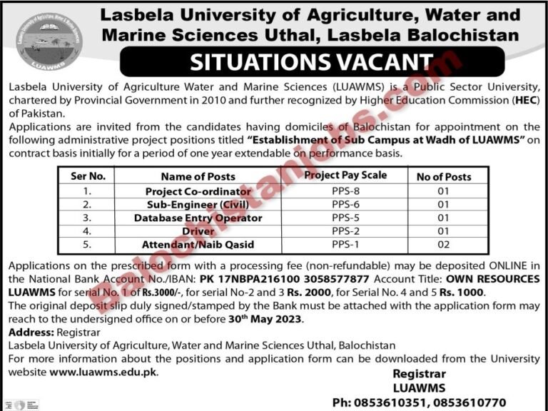 Lasbela University LUAWMS Uthal Jobs 2023 - Balochistan Jobs Alert