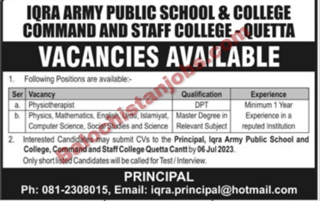 Iqra Army Public School and College Quetta Jobs 2023