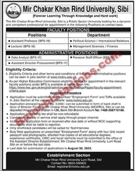 Mir Chakar khan Rind University MCKRU Sibi Jobs 2023 