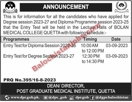 Post Graduate Medical Institute Quetta Entry Test 2023