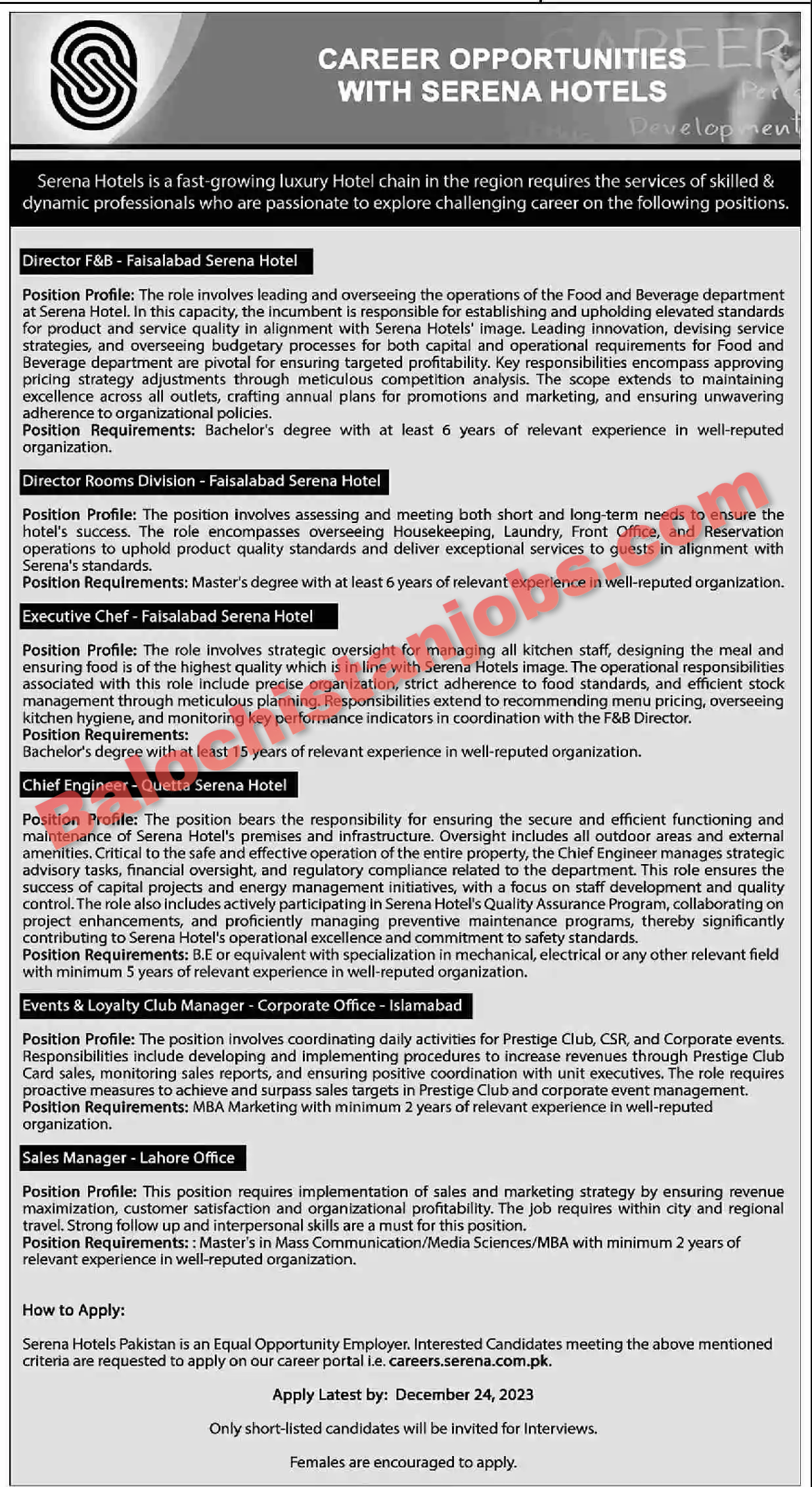 Quetta Sarena Hotel Jobs 2023 for Cheif Engineer