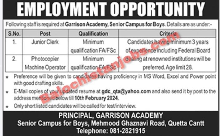 Garrison Academy Boys Campus Quetta Jobs 2024
