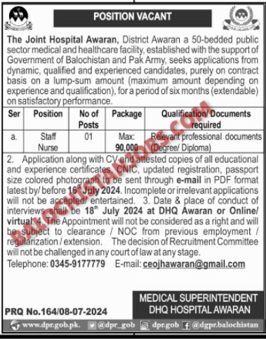 Joint Hospital Awaran Jobs 2024