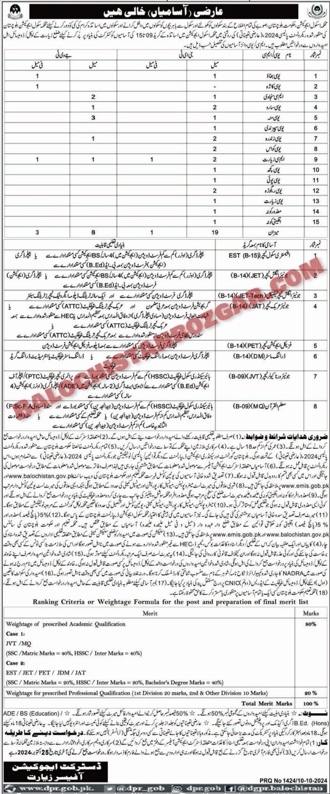 School Education Department Ziarat Jobs 2024