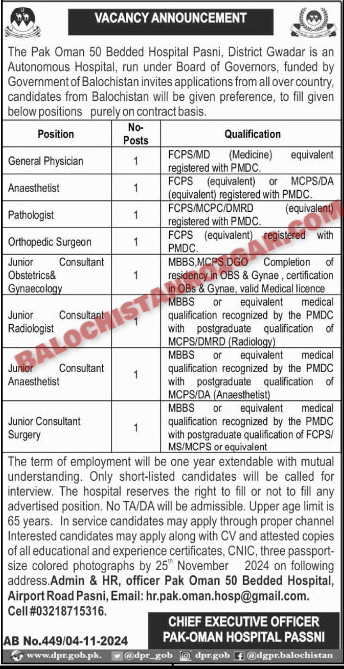 Pak Oman 50 Beded Hospital Pasni Gwadar Jobs 2024