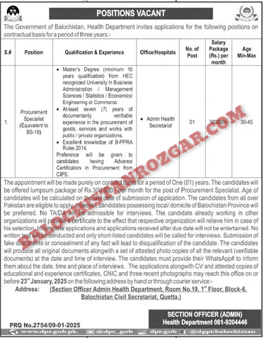 Health Department Balochistan Jobs 2025