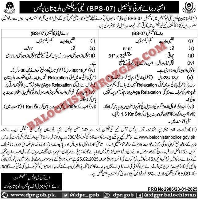 Balochistan Police Telecommunication Constable Jobs 2025