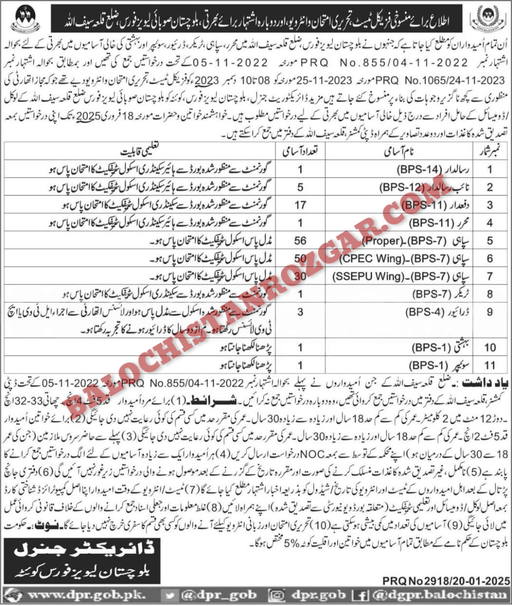 Balochistan Levis Force Jobs 2025 Multiple Districts