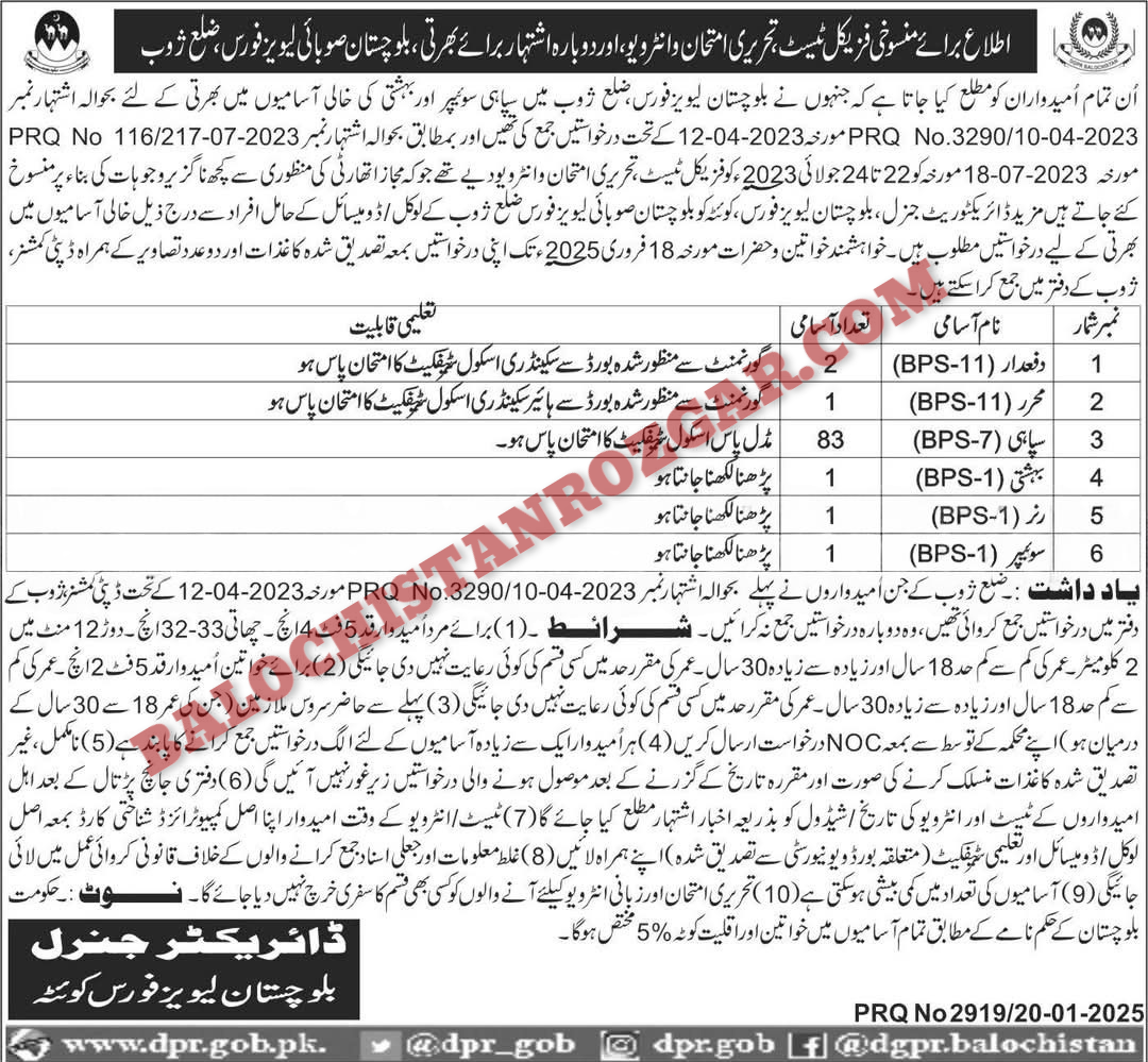 Balochistan Levis Force Jobs 2025 Multiple Districts