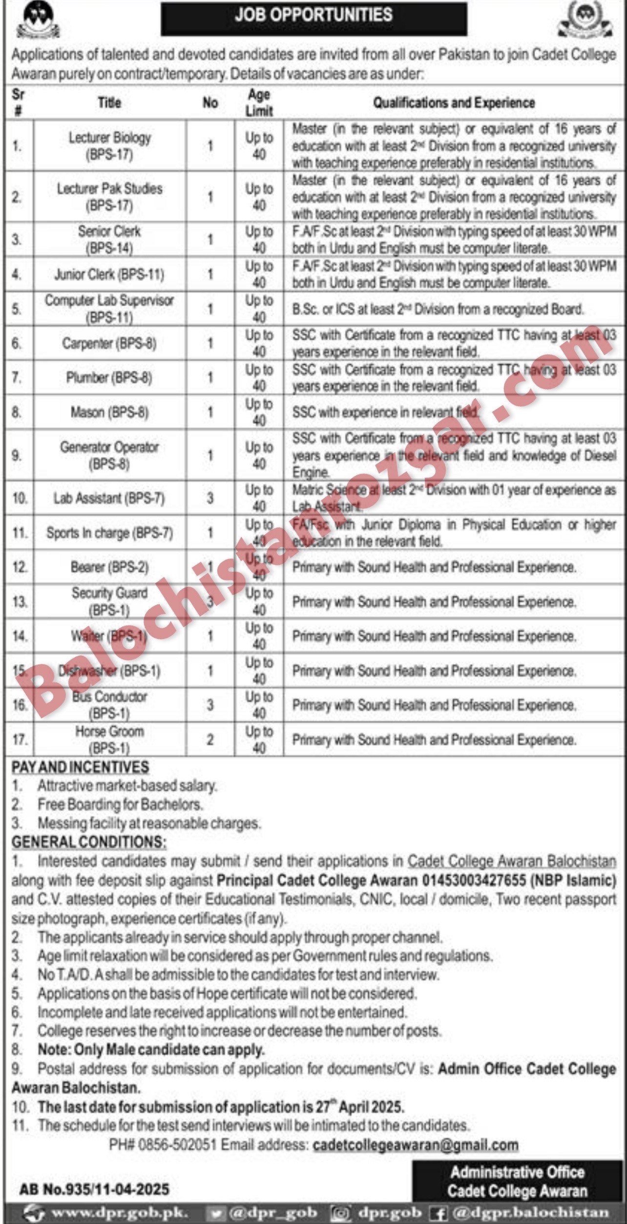 Cadet College Awaran jobs 2025 1 Cadet College Awaran jobs 2025