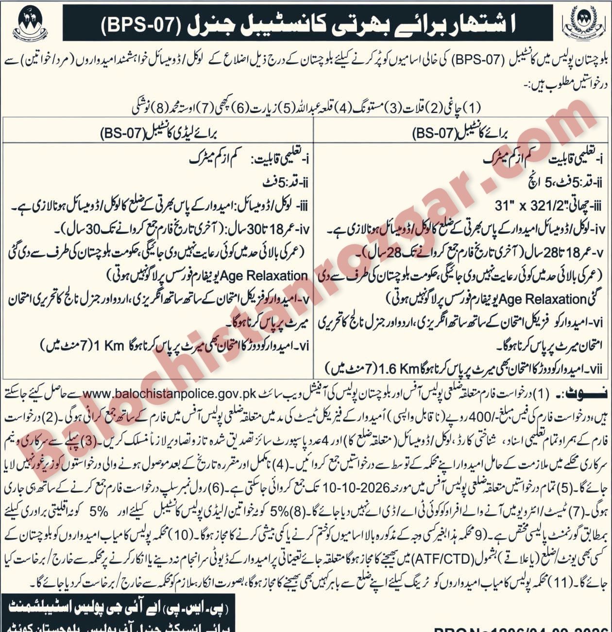 Balochistan Police Constable Jobs 2026 – BPS-07 Latest Vacancies